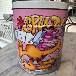 Vintage GARFIELD Bertels Can Co Tin Litho Metal Trash Can - 1987 Pie Face SPLUT!